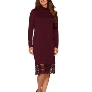 Isaac Mizrahi maroon long sleeve turtleneck sweater midi dress lace hem XL